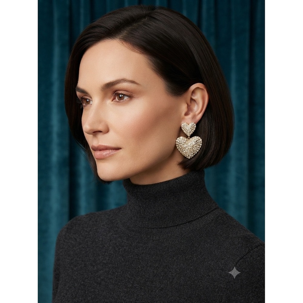 J.Crew Pave Crystal Double Heart Drop Earrings Gold‎ Tone NEW